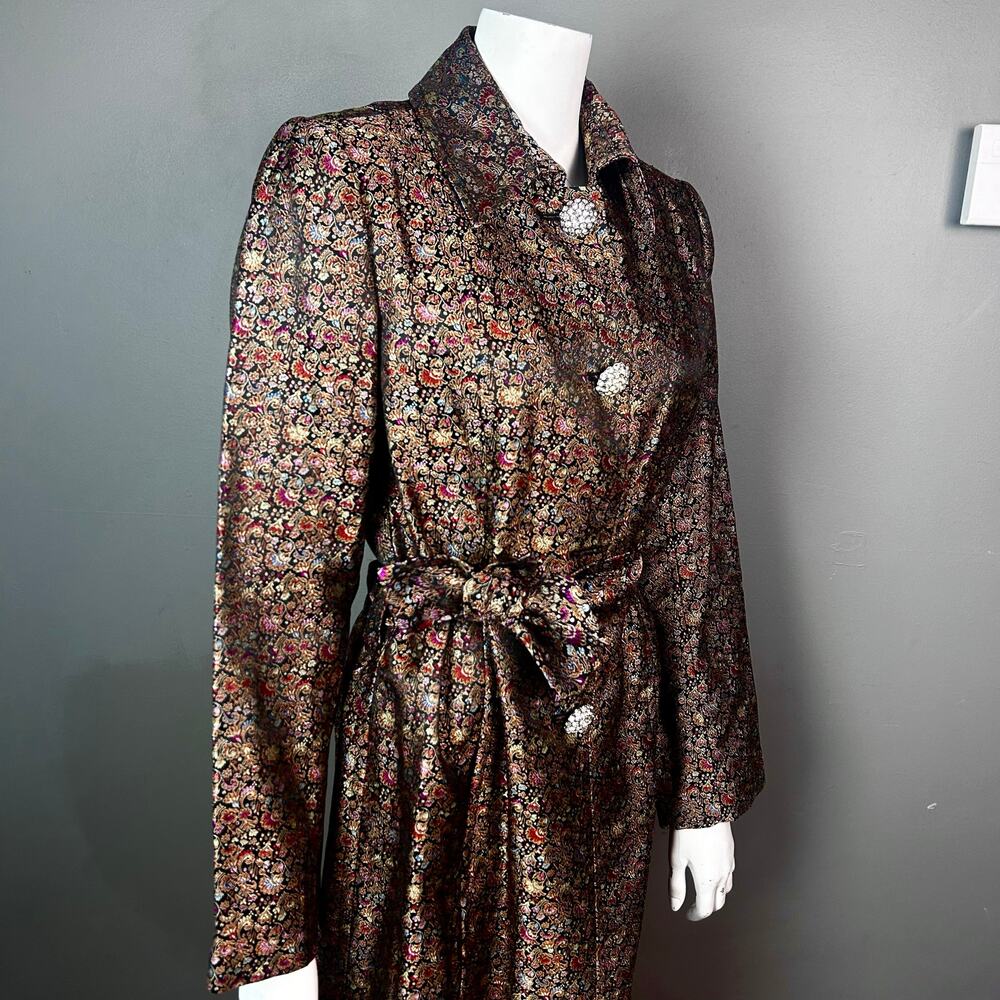 WDNY trench coat size 10 vtg metallic floral ornate jacquard royal magic fairy